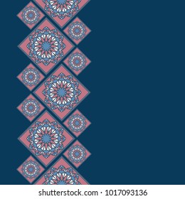 Azulejo background. Seamless border in Spanish style. Spain tilework. Portugal ceramic tiles. Indigo card.