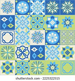 Azulejo blue ceramic square tile, spanish portuguese mediterranean style blue green color