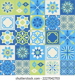 Azulejo blue ceramic square tile, spanish portuguese mediterranean style blue green color, vector illustration