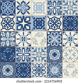 Azulejo blue spanish portuguese style ceramic tiles, vintage symmetrical pattern for wall decoration, vector illustration