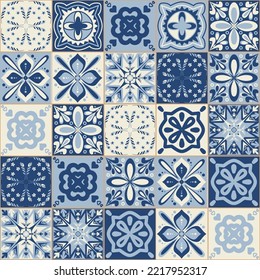 Azulejo blue spanish portuguese style ceramic tiles, vintage symmetrical pattern for wall decoration, vector illustration for design