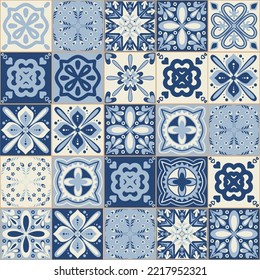 Azulejo blue spanish portuguese style ceramic tiles, vintage symmetrical pattern for wall decoration