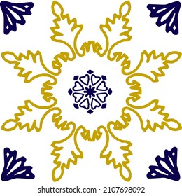 Azulejo blue and yellow tile Portuguese and Spain decor. Islam, Arabic, Indian, Ottoman motif. Vector Hand drawn background