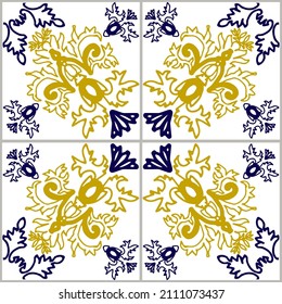 Azulejo blue and yellow tile seamless pattern Portuguese and Spain decor. Islam, Arabic, Indian, Ottoman motif. Vector Hand drawn background