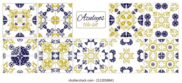 Azulejo blue and yellow tile seamless pattern Portuguese and Spain decor. Islam, Arabic, Indian, Ottoman motif Vector Hand drawn background