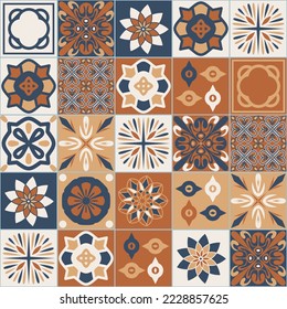 Azulejo brown beige contrast ceramic square tiles, mediterranean style vector illustration for design