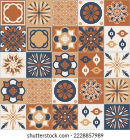 Azulejo brown beige contrast ceramic square tiles, spanish mediterranean style vector illustration for design