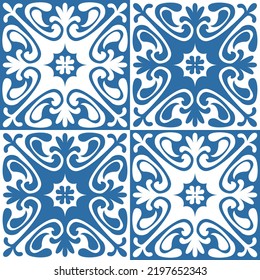 Azulejo ceramic tiles retro motif for interior decor, blue indigo geometric vector Illustration