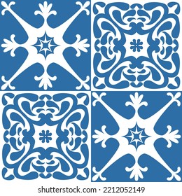 Azulejo ceramic tiles retro motif for interior decor, blue indigo geometric
