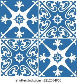 Azulejo ceramic tiles retro motif for interior decor, blue indigo geometric vector Illustration