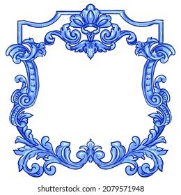 Azulejo frame tile - Portuguese Dutch and oriental tile in shades of blue colors. Baroque Vector mosaic. Capri Maiolica. Delft Blue and White. Rococo ornament