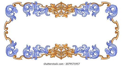 Azulejo frame tile - Portuguese Dutch and oriental tile in shades of blue colors. Baroque Vector mosaic. Capri Maiolica. Delft Blue and White. Rococo ornament