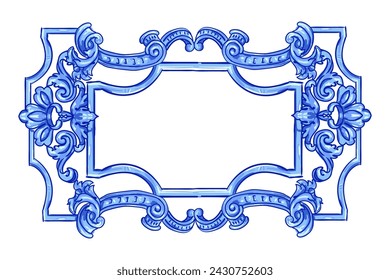 Azulejo frame tile - Portuguese Dutch and oriental tile in shades of blue colors. Baroque Vector mosaic. Capri Maiolica. Delft Blue and White. Rococo ornament