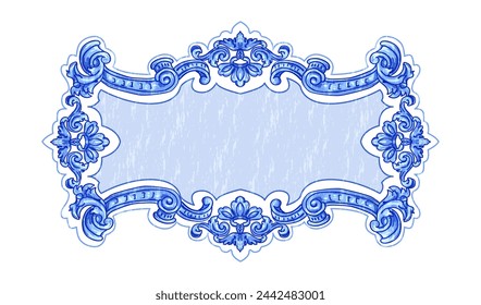 Azulejo frame tile - Portuguese Dutch and oriental tile in shades of blue colors. Baroque Vector mosaic. Capri Maiolica. Delft Blue and White. Rococo ornament