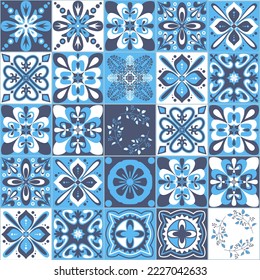 Azulejo majolica ceramic tile blue white traditional organic pattern, arabic style vector illustration for wall decoration