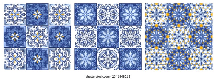 Azulejo Mosaik nahtlose Muster mit Blumenmotiven, blau-weißer Farbe. Mittelmeer, Portugiesisch, traditionelles spanisches Vintage Keramik Fliesen, Arabeske Ornament. Vektorgrafik