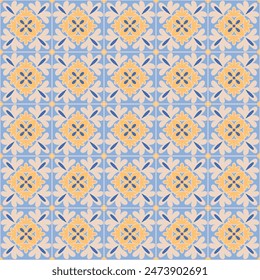 Motivo de mosaico azulejo. motivos geométricos azules, blancos, amarillos. Mediterránea, portuguesa, española, marroquí tradicional estilo vintage fondo de Vector