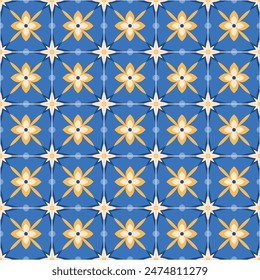 Motivo de mosaico azulejo. motivos geométricos azules, blancos, amarillos. Mediterránea, portuguesa, española, marroquí tradicional estilo vintage fondo de Vector