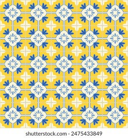 Motivo de mosaico azulejo. motivos geométricos azules, blancos, amarillos. Mediterránea, portuguesa, española, marroquí tradicional estilo vintage fondo de Vector