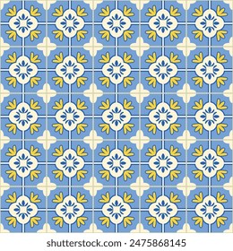 Motivo de mosaico azulejo. motivos geométricos azules, blancos, amarillos. Mediterránea, portuguesa, española, marroquí tradicional estilo vintage fondo de Vector