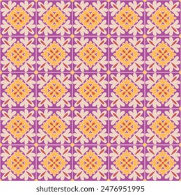 Azulejo mosaic tile pattern. blue, white, yellow colored geometric motifs. Mediterranean, Portuguese, Spanish, Moroccan traditional vintage style vector background