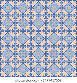 Azulejo Mosaik Fliesenmuster. blau, weiß, gelb gefärbte geometrische Motive. Mittelmeer, Portugiesisch, Spanisch, marokkanisch traditioneller Vintage-Stil Vektorgrafik Hintergrund