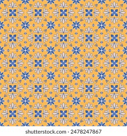 Azulejo mosaic tile pattern. blue, white, yellow colored geometric motifs. Mediterranean, Portuguese, Spanish, Moroccan traditional vintage style vector background