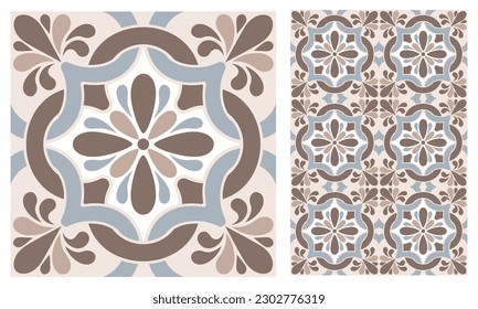 Azulejo mosaic tile, square pattern with floral motifs, in beige colors. Mediterranean, Portuguese, Spanish traditional vintage ceramic tilework. Arabesque ornament with flowers. Vector illustration