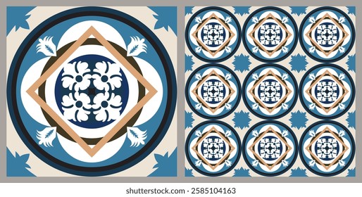 Azulejo mosaic tile, square pattern with floral motifs, in beige colors. Mediterranean, Portuguese, Spanish traditional vintage ceramic tilework. Arabesque ornament with flowers. Vector illustration