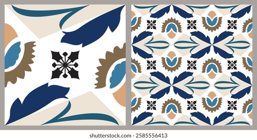 Azulejo mosaic tile, square pattern with floral motifs, in beige colors. Mediterranean, Portuguese, Spanish traditional vintage ceramic tilework. Arabesque ornament with flowers. Vector illustration