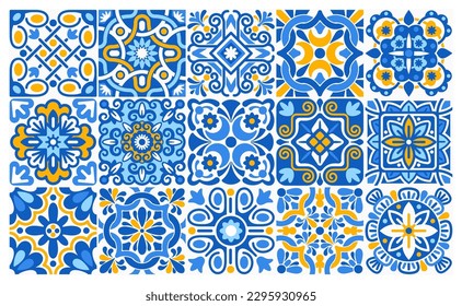 Azulejo mosaic tiles, blue, white, yellow colors square patterns with floral motifs. Mediterranean, Portuguese, Spanish traditional vintage ceramic tilework. Arabesque ornament with flowers. Vector