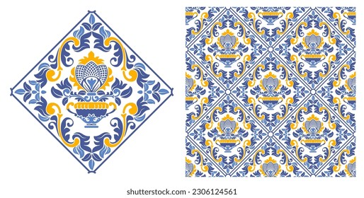 Azulejo mosaic tiles, square patterns with floral motifs, in blue and yellow colors. Mediterranean, Portuguese, Spanish traditional vintage ceramic tile work. Arabesque ornament with flowers. Vector