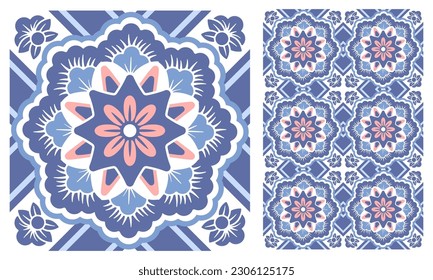 Azulejo mosaic tiles, square patterns with floral motifs, in blue and white colors. Mediterranean, Portuguese, Spanish traditional vintage ceramic tile work. Arabesque ornament with flowers. Vector
