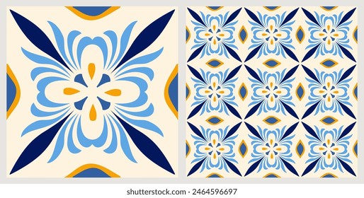 Azulejo mosaic tiles, square patterns with floral motifs, in blue and yellow colors. Mediterranean, Portuguese, Spanish traditional vintage ceramic tile work. Arabesque ornament with flowers. Vector