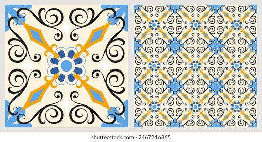 Azulejo mosaic tiles, square patterns with floral motifs, in blue and yellow colors. Mediterranean, Portuguese, Spanish traditional vintage ceramic tile work. Arabesque ornament with flowers. Vector