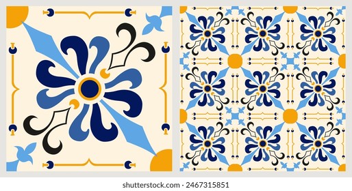 Azulejo-Mosaikfliesen, quadratische Muster mit Blumenmotiven, in blauen und gelben Farben. Mediterrane, portugiesische, spanische traditionelle Vintage-Keramikfliesenarbeiten. Arabeske Ornament mit Blumen. Vektorgrafik