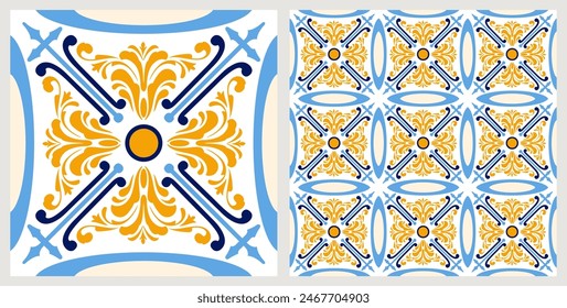 Azulejo mosaic tiles, square patterns with floral motifs, in blue and yellow colors. Mediterranean, Portuguese, Spanish traditional vintage ceramic tile work. Arabesque ornament with flowers. Vector