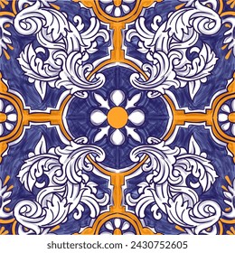 Azulejo Portuguese Dutch tile in shades of blue and yellow colors pattern. Baroque tiles. Vector illustration
