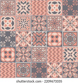 Azulejo-Stil dekorative Keramikfliesen, rosafarbene, pastellfarbene Farbe, traditionelles spanisches portugiesisches Muster