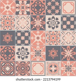 Azulejo style decorative ceramic tile, pink gray pastel color, ceramic flooring design