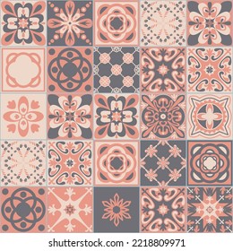 Dekorative Keramikfliesen im Azulejo-Stil, rosafarbene Pastellfarben, portugiesisches Muster für Keramikböden