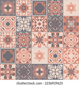 Azulejo style decorative ceramic tile, pink gray pastel color, traditional spanish portuguese pattern for ceramic flooring design