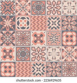 Dekorative Keramikfliesen im Azulejo-Stil, rosafarbene, pastellfarbene Pastelltöne, portugiesisches Muster für Keramikböden