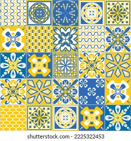 Azulejo talavera ceramic tiles spanish traditional pattern, blue yellow traditional vintage background, vector illustration