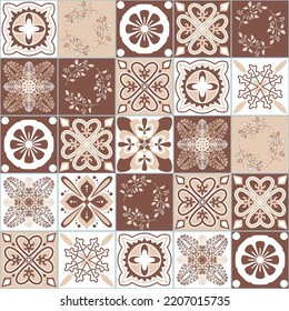 Azulejo talavera spanish ceramic tiles l traditional pattern, brown beige monochrome vintage background, vector illustration