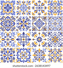 Azulejo tile pattern with floral motifs, pastel colors. Mediterranean, Portuguese, Spanish traditional vintage ceramic majolica. Arabesque ethnic folk ornament. Vector illustration