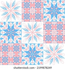 azulejo tile spanish style, TalaVera de Puebla ceramic tile pastel pink blue white color, beautiful ornate pattern for wall decoration