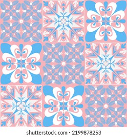 azulejo tile spanish style, TalaVera de Puebla ceramic tile pastel pink blue white color, beautiful ornate pattern for wall decoration