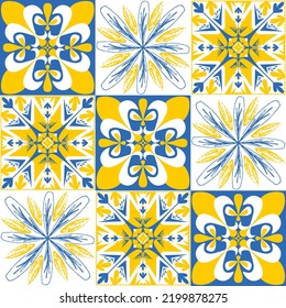 azulejo tile spanish style, TalaVera de Puebla ceramic tile blue yellow white color, beautiful ornate pattern