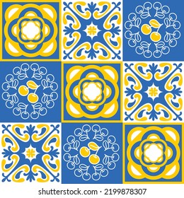 azulejo tile spanish style, TalaVera de Puebla ceramic tile blue yellow white color, beautiful ornate pattern